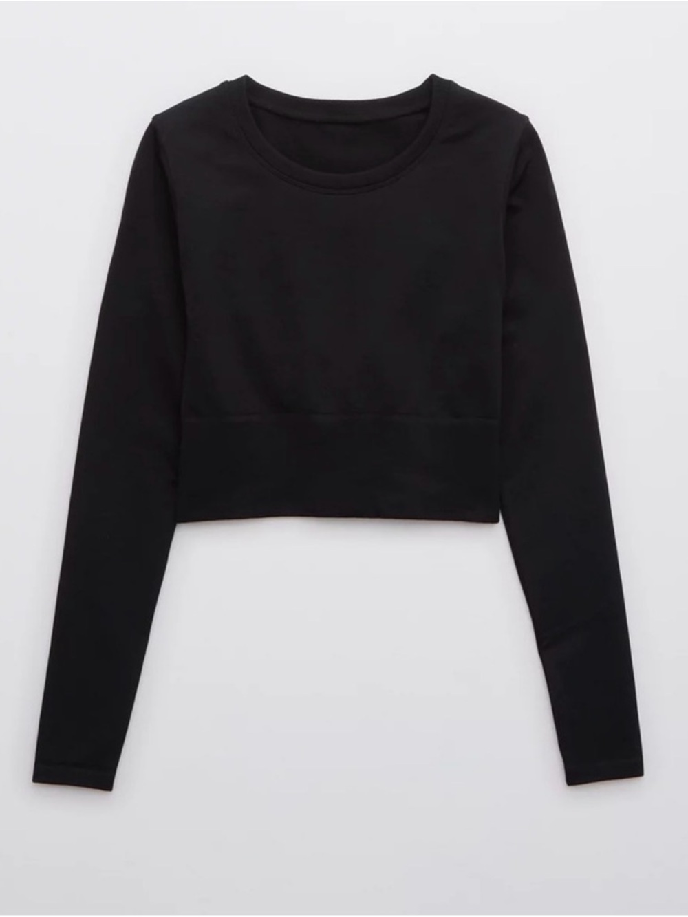 aerie Black Cropped Long-Sleeve Crewneck Top